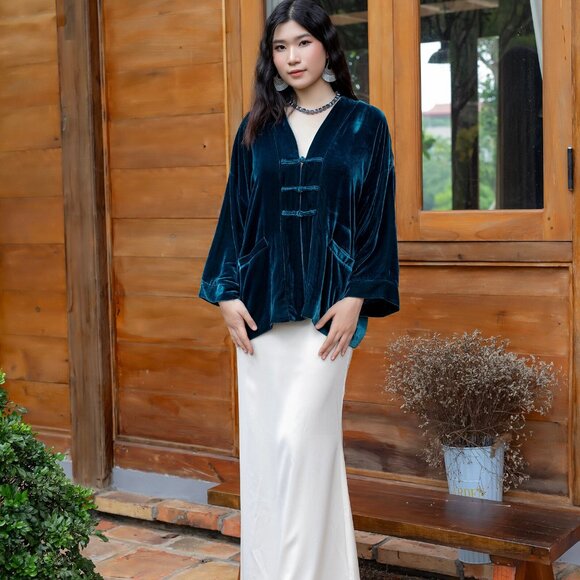 Blue Silk Velvet Jacket M NwoT - Picture 4 of 4